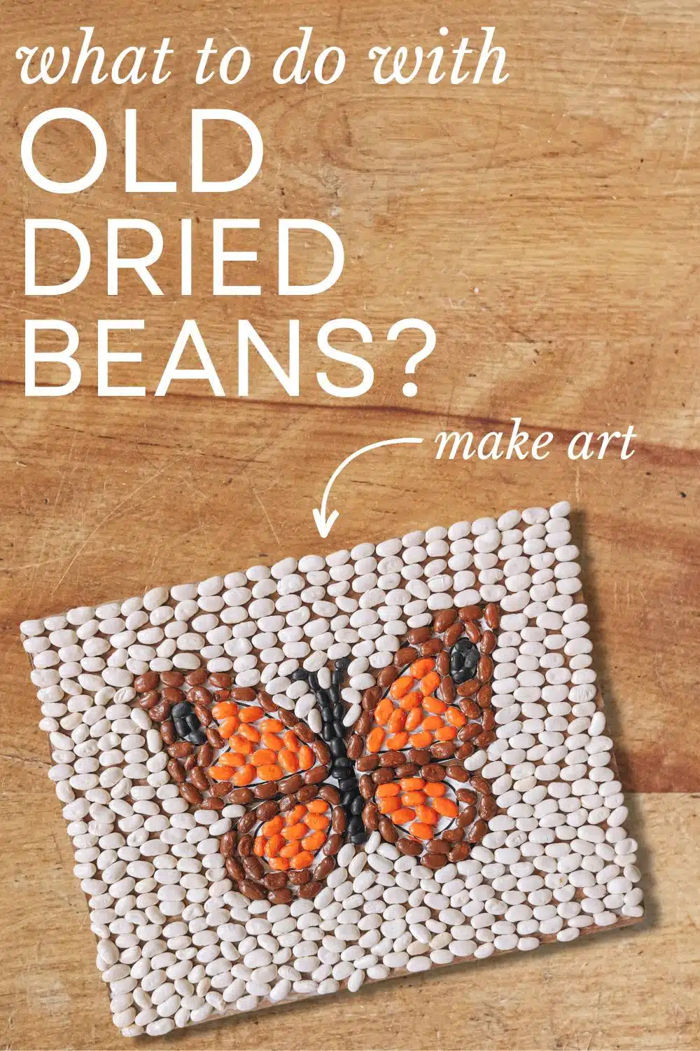 A detailed butterfly mosaic made from beans, ideal for DIY preschool and toddler art projects.