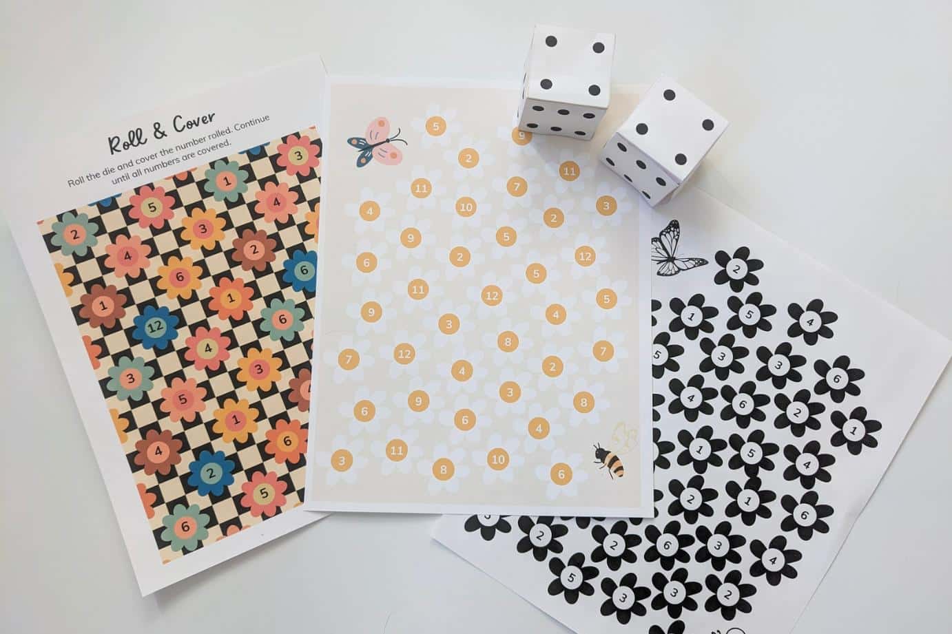 A simple preschool flower math activity featuring a counting worksheet and a die, great for easy math activities at home or in the classroom.