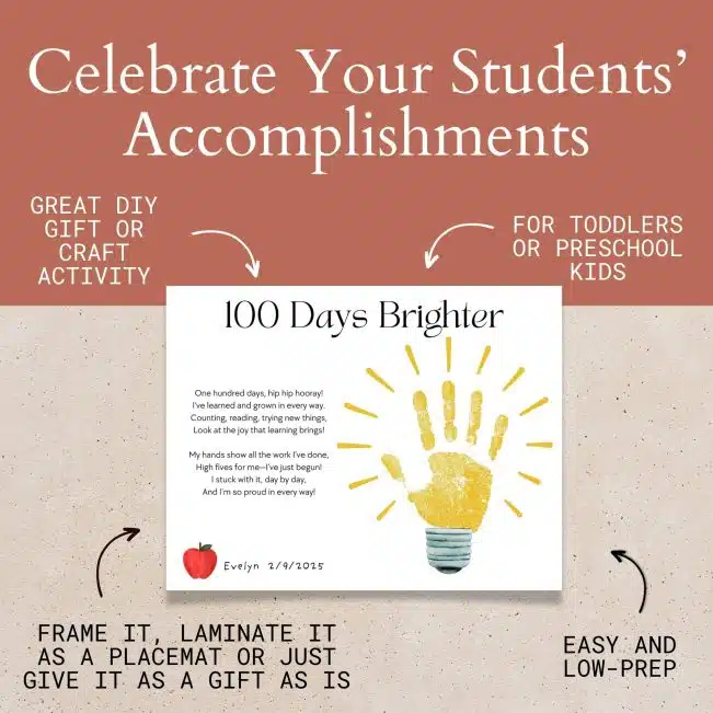 A colorful 100 days of school handprint craft showing a child’s painted handprint, celebrating 100 days smarter with bright, cheerful colors.