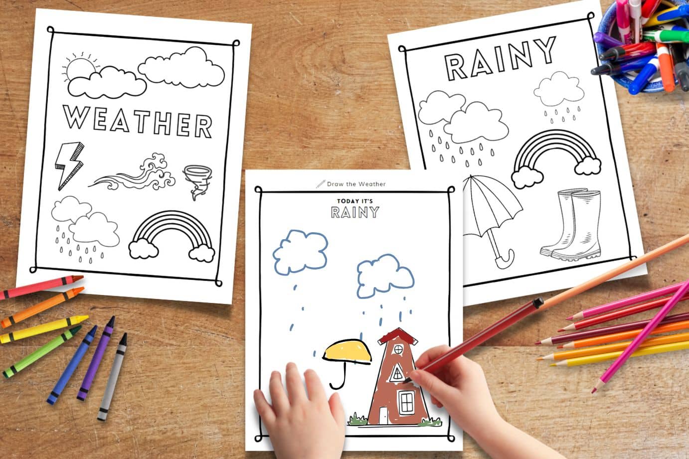 A collection of weather coloring pages free printable with spring weather coloring pages, showing different weather patterns for kids to color.